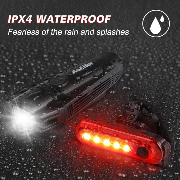 Ascher Ultra Bright USB Rechargeable Bike Light Set, Powerful Bicycle Front Headlight and Back Taillight, 4 Light Modes, Easy to Install for Men Women Kids Road Mountain Cycling Black - Image 6