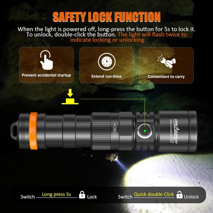 ORCATORCH DC710 Scuba Dive Light Type C Rechargeable, 3000 Lumens Super Bright Underwater Flashlight, IP68 Waterproof Submersible Torch with WS02 Wrist Strap Mount for Hands-Free Diving - Image 5