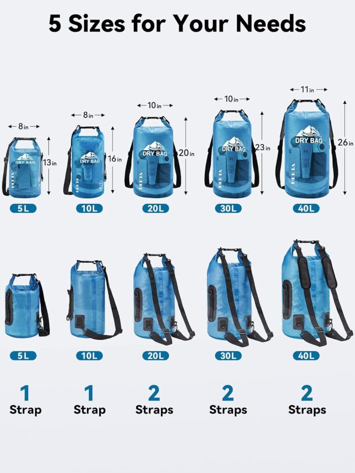 HEETA Dry Bag Waterproof for Women Men, 5L/10L/20L/30L/40L Roll Top Lightweight Dry Storage Bag Backpack with Phone Case for Travel, Swimming, Boating, Kayaking, Camping & Beach, 11 Transparent Colors - Image 2