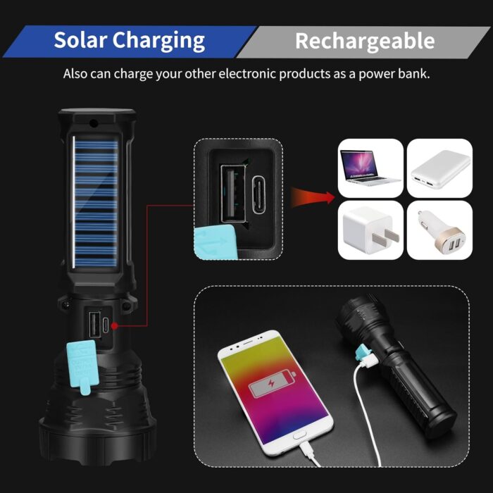 Led Solar Flashlight, 1500 Lumens Led Solar Handheld Rechargeable Flashlights with IP65 Waterproof, 2000mAh Battery for Survival Emergencies Camping (1 Pack) - Image 6