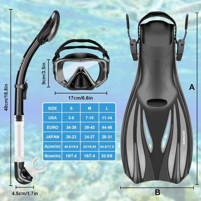 Snorkeling Gear for Adults Kids - Mask Fins Snorkel Set with Panoramic View Snorkel Mask Anti-Fog Anti-Leak, Dry Top Snorkel, Dive Flippers and Gear Bag, Snorkeling Diving Safety Gear - Image 6