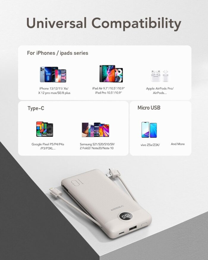 VEGER Portable Charger for iPhone with Built in Cables and Wall Plug, 10000mah Slim Fast Charging USB C Power Bank, Travel Essential Battery Pack Compatible with iPhone, iPad, Samsung etc(Coffee) - Image 6