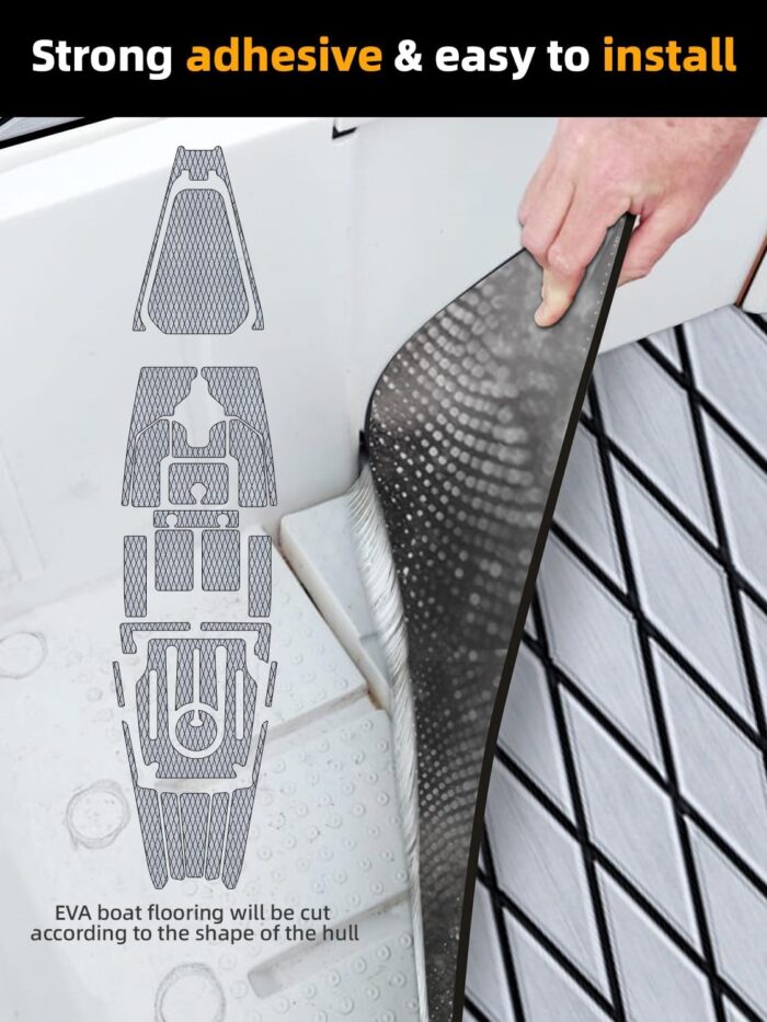 FOCEAN Boat Flooring EVA Foam Boat Decking Marine Mat Non-Slip Self-Adhesive Flooring Sheet for Motorboat Kayak Surfboard Garden Floor Swimming Pools, 94.5''x 15.7'', Grey with Black Lines - Image 3