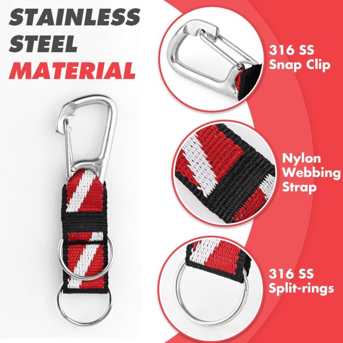 2Pack Scuba Split Ring Connector with Clips, 316 Stainless Steel Carabineer Keeper and Dual Split-Rings with Dive Flag Webbing Strap for Diving Flashlight, Whistle, Gauge, Camera to BCD Attachment - Image 3