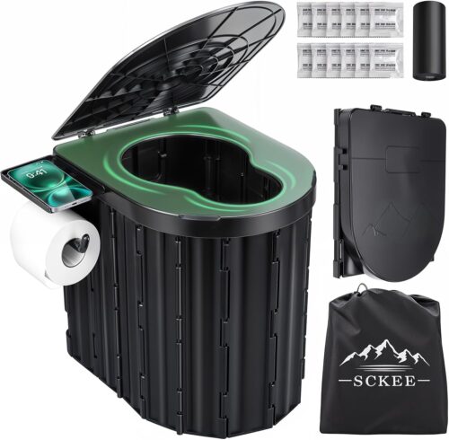Sckee Camping Toilet, Portable Toilet for Adults, Portable Travel Folding Toilet with Lid and Paper Holder, Compact Potty for Car, Camp Toilet Portable Toilet for Camping, Hiking,Truck, RV, Beach