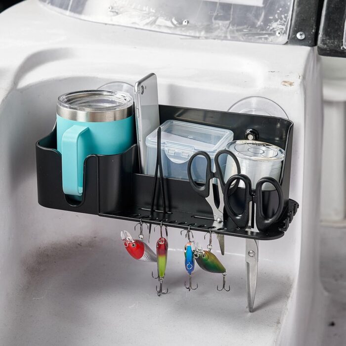 KEMIMOTO Boat Caddy Organizer, Cup Holder Installed With Screws/Suction Cups on Any Flat Surface, Storage Organizer, Cockpit Storage Box for Bass Kayak Pontoon Jon Boat - Image 7
