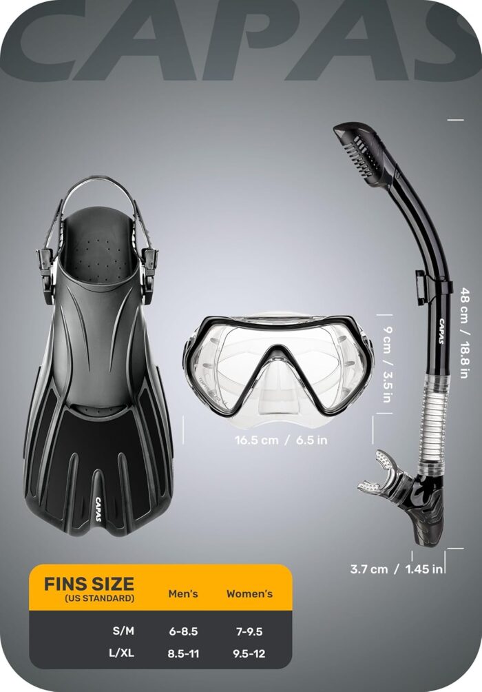 CAPAS Snorkel Mask Fins Set, Travel Size Snorkeling Gear for Adults with Adjustable Fins, Diving Mask and Dry Top Snorkel, Come with a Carrying Bag - Image 6