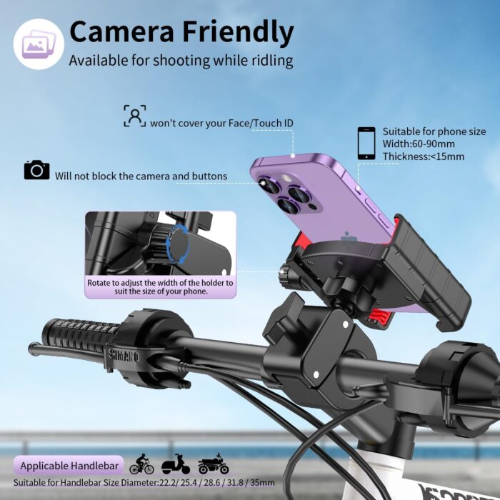 Bike Phone Mount Holder, [Camera Friendly] Motorcycle Phone Mount for Electric Scooter, Mountain, Dirt Bike and Motorcycle - 360° Rotate Suitable for iPhone & Android Smartphones from 4.5-7.0 inches - Image 2