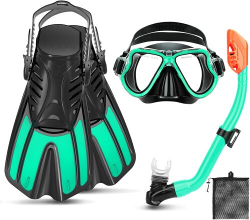 Snorkeling Gear for Kids Ages 6-14, 4 in 1 Kids Mask Fins Snorkel Set with Panoramic View Anti Fog Mask, Dry Top Snorkel, Trek Fins and Travel Bag, Kids Snorkel Set for Youth Teens Junior