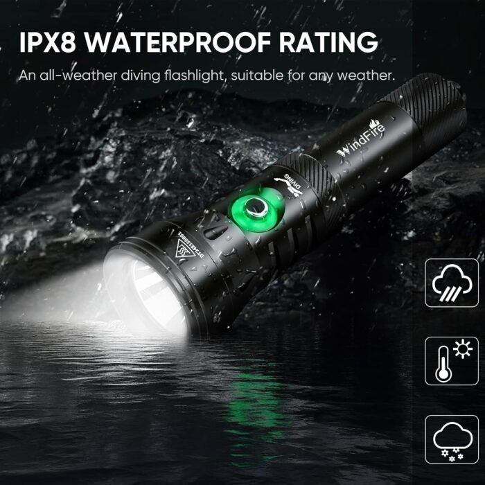 WINDFIRE High-Power Dive Lights Scuba Diving Flashlight – IPX8 Waterproof Underwater Flashlight with Power Indicator, 4 Modes, Ultra-Bright Dive Torch for Night Diving & Ocean Exploration - Image 5