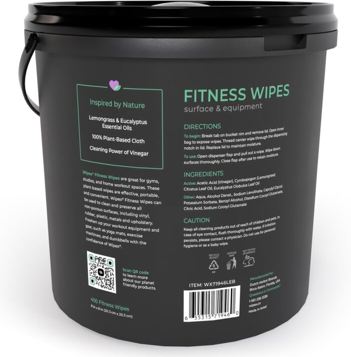 Wipex Yoga Mat Cleaner Gym Wipes - Plant-Based Lemongrass, Eucalyptus & Vinegar Wipes for Fitness Equipment & All Purpose Gym Cleaning - Safe for Peloton Bikes & Treadmills - 400 Count - Image 9