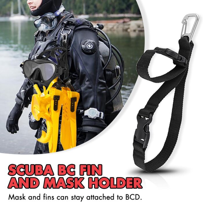 Scuba Fin & Mask Holder, Diving BC Fins Keeper and Mask Clip with Two Quick-release Loop Lanyard Webbing Strap - Image 2