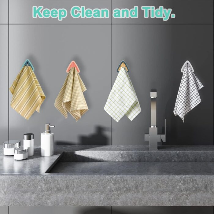 4Pcs Towel Hook Holder Grabber, Drill Free Self Adhesive Push Hooks Firmly, Colorful Dish Towel Holders for Kitchen Bathroom Organization - Image 2