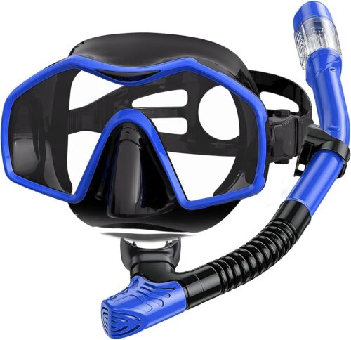Snorkeling Gear for Adults,Dry Top Snorkel Mask Set Scuba Diving Mask Snorkel Gear Anti Fog Anti-Leak Goggles Snorkeling Packages Tempered Glass Panoramic View Nose Cover for Swimming,Scuba Diving