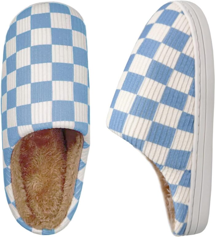 Checkered Memory Foam Slippers - Women's & Men's Soft Warm Bedroom House Slippers with Faux Fur Lining - Indoor/Outdoor - Pink, White, Black - Size 8/9 - Image 9