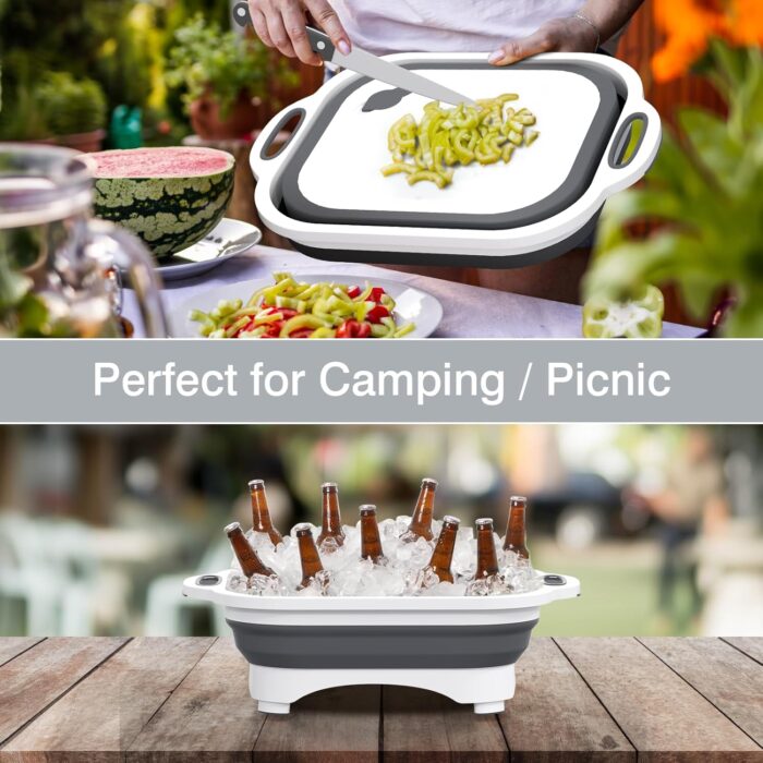 Collapsible Cutting Board,HI NINGER Camping cutting board with knife,Multifunctional Kitchen Vegetable Washing Basket Silicone Dish Tub for Camping Kitchen essentials/bbq prep tub/rv accessories - Image 4
