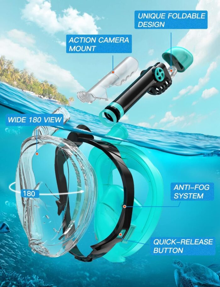 Zenoplige Full Face Snorkel Mask Adults,Dry-Top Snorkeling Gear with Camera Mount,Foldable 180-Degree Panoramic Scuba Mask for Snorkeling Diving Swimming Travel,Snorkel Mask Anti-Fog & Anti-Leak - Image 2