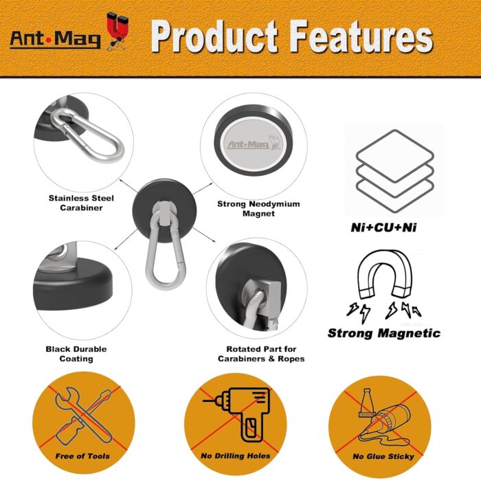 Ant Mag Heavy Duty Neodymium Magnet Hooks with Swiveling Carabiner - 140LBS Capacity, Indoor/Outdoor Hanging, Black (2 Pack) - Image 4