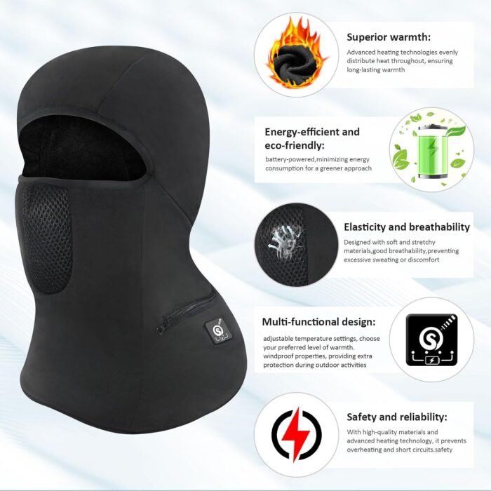 Heated Ski Mask Balaclava for Men & Women, Electric Heated Face Mask,Winter Outdoor Black Windproof - Image 3