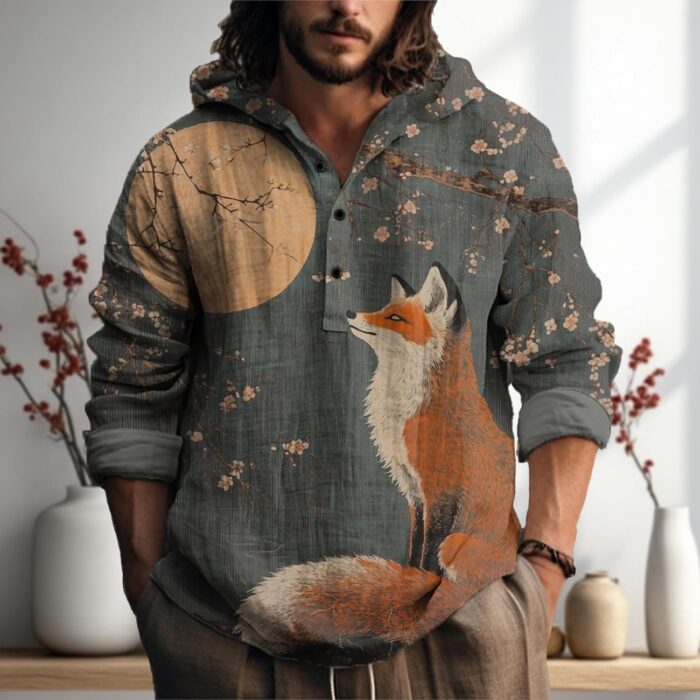 MARSVOVO Mens Japanese Art Long Sleeve Hooded Shirts Lightweight Quarter Button Hoodie Casual Cool Tops for Spring Fall - Image 2