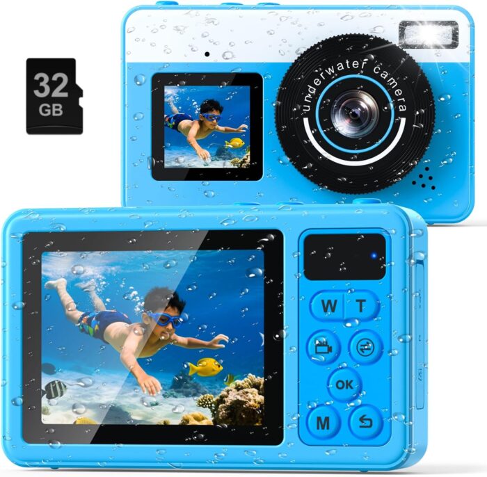 Underwater Digital Camera, Waterproof Camera,10FT Floating Camera for Snorkeling,Surfing,Swimming and Kayaking,Dual-Screen Selfie,Autofocus,18X Zoom,Fill Light,32GB Card,Type-C Rechargeable