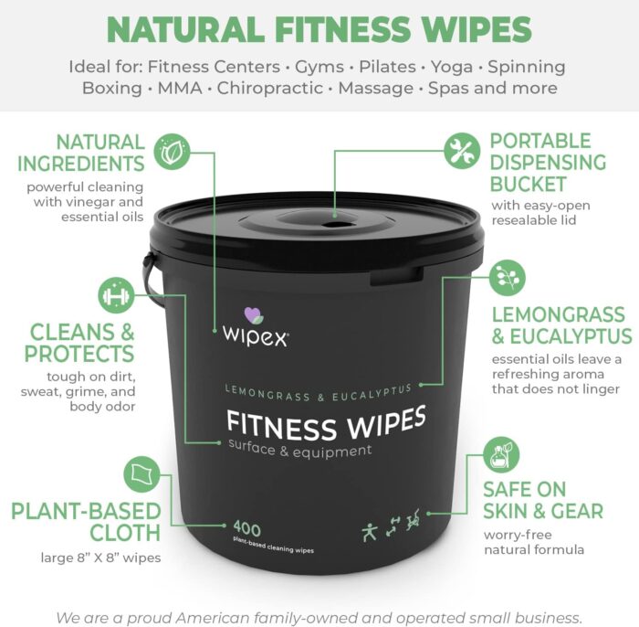 Wipex Yoga Mat Cleaner Gym Wipes - Plant-Based Lemongrass, Eucalyptus & Vinegar Wipes for Fitness Equipment & All Purpose Gym Cleaning - Safe for Peloton Bikes & Treadmills - 400 Count - Image 3