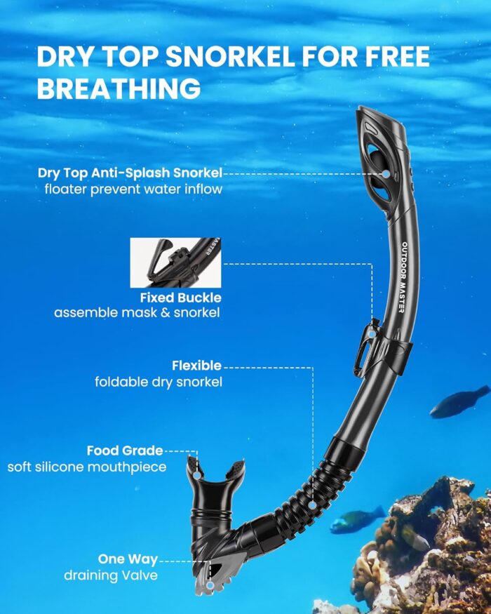 OutdoorMaster Mobula Snorkeling Gear for Adults,Mask Fins Snorkel Set with Panoramic View Anti-Fog, Dry Top Scuba Gear for Swimming Snorkeling Diving - Image 4