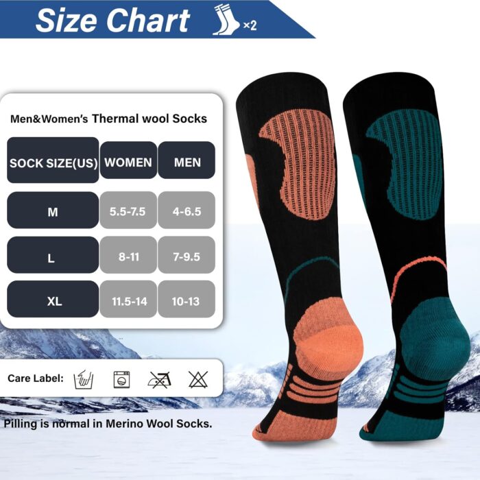 Merino Wool Ski Socks 2 Pairs, Thermal Knee High Warm Socks for Snowboarding, Hiking, Cold Weather, Snow, Hunting - Image 5