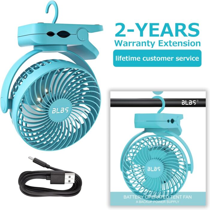 Clip on Fan 65Hrs Camping Fan with LED Light, 12000mAh Battery Operated Fans & PortableFan Rechargeable, Small Desk Fans USB TravelFan for Tent Camping Golf Stroller, Blue - Image 8