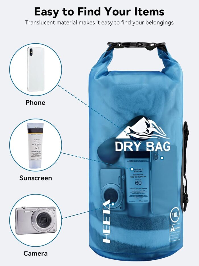 HEETA Dry Bag Waterproof for Women Men, 5L/10L/20L/30L/40L Roll Top Lightweight Dry Storage Bag Backpack with Phone Case for Travel, Swimming, Boating, Kayaking, Camping & Beach, 11 Transparent Colors - Image 7