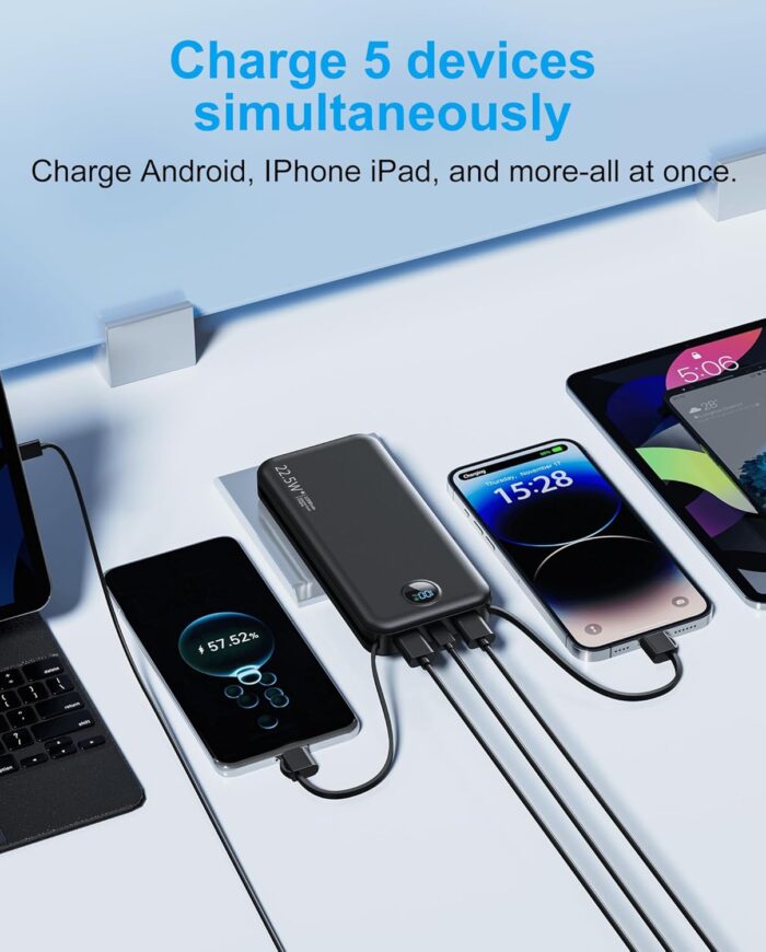 Portable Charger, 12000mAh 22.5W Type C Fast Charging Power Bank with Built-in Cables & Wall Plug, External Battery Bank with LED Display, Travel Essential Battery Pack for iPhone, iPad, Samsung Black - Image 3