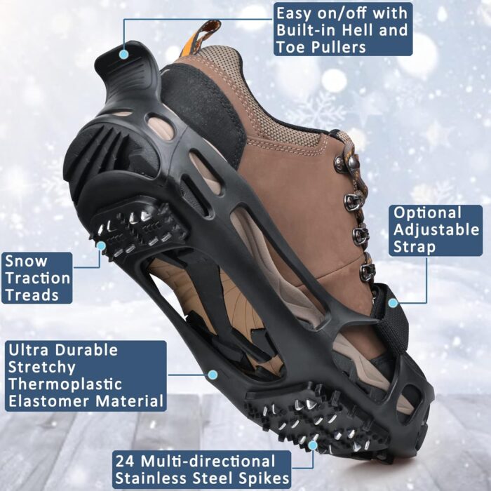 Ice Cleats Crampons Anti Slip Shoe Spikes for Snow Ice Cleats for Shoes and Boots Men Women Winter Walking Non-Slip 24 Studs Stretch Rubber Footwear - Image 4