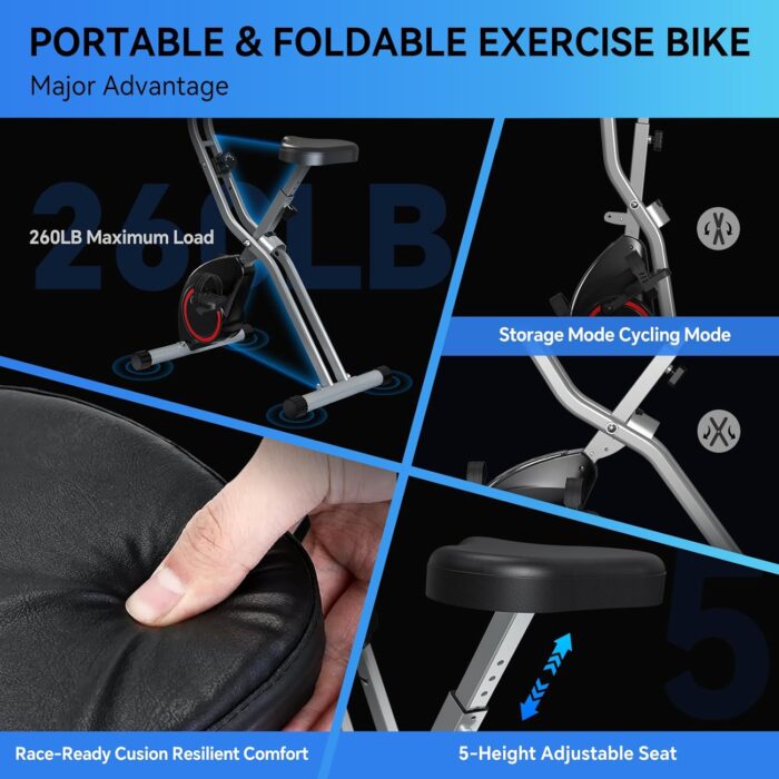 Foldable Exercise Bike for Small Apartments, Stationary Bikes for Home, Indoor Portable Cycling Bike with 16-Level Magnetic Resistance, 260LBS Capacity, 5.5 LBS Flywheel, Designed for Small Space Workout 816 - Image 4