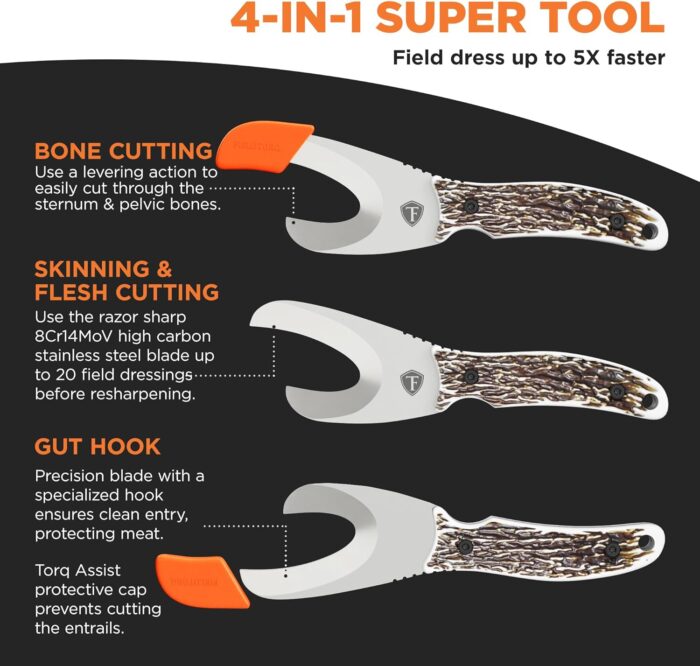 Field Dressing Kit | 4-in-1 Super Tool with Sheath & Sharpener | Skinning Knife for Hunting | Gut Hook | Deer Hunting Knife Set | Stag - Image 2