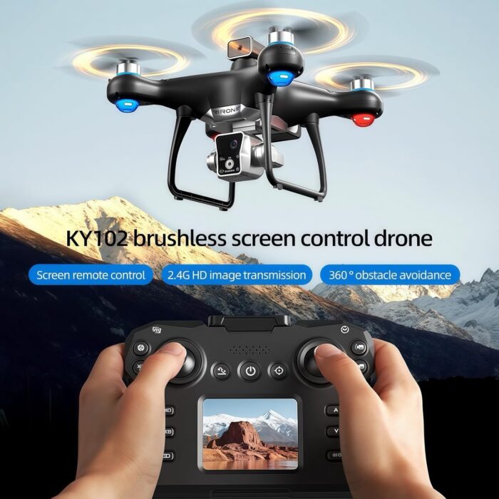 KY102 Drone with Screen Controller with SD card, Brushless Motor, Optical Flow Localization, Active Obstacle Avoidance, 2 batteries, One Key Take Off/Landing. (2 batteries - Black) - Image 6