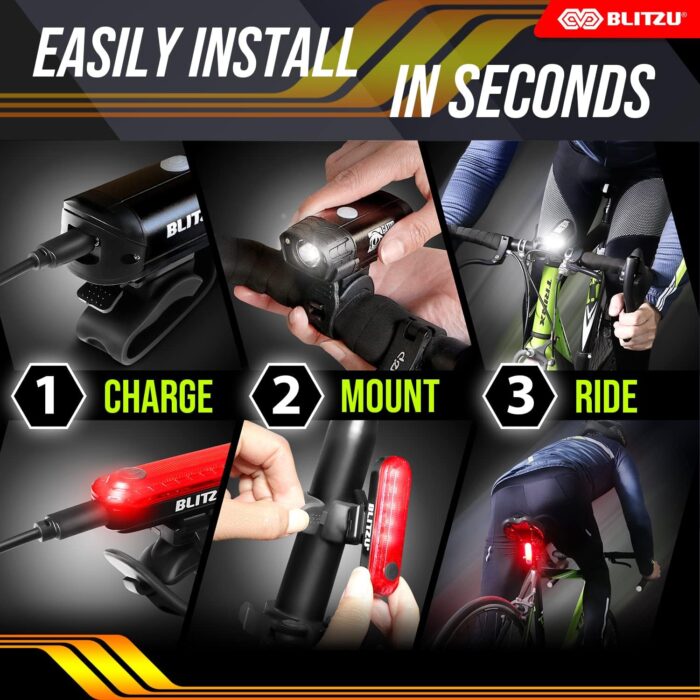 BLITZU Bike Lights, Super Bright Bicycle USB-C Rechargeable Headlight, Taillight & Bike Set, Waterproof Safety Front & Rear Back light for Night Riding, Easy to Install for Men Women Kids Road Cycling - Image 2