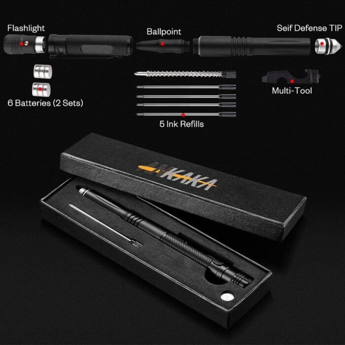 The Most Loaded 6-in-1 Tactical Pen: Solves Other Brands' Weaknesses,Self Defense Tip + Flashlight + Ballpoint + Bottle Opener + Screw Driver + Hexagonal Wrench, 5 Ink Refills + 6 Batteries + Gift Box - Image 4