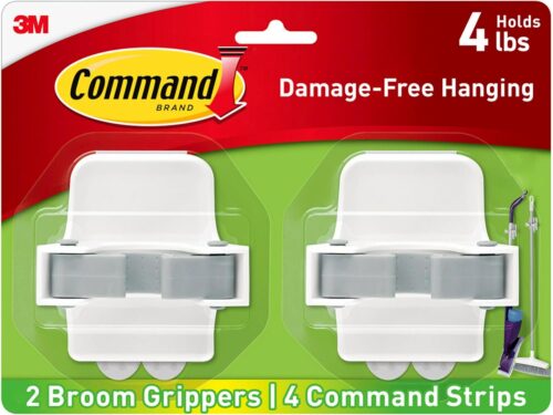 Command Broom and Mop Grippers, 2 Hangers and 4 Command Strips, Damage Free Hanging Wall Mount Broom and Mop Holder, Household Cleaning Organizer for Organization and Storage, Holds up to 4 lb