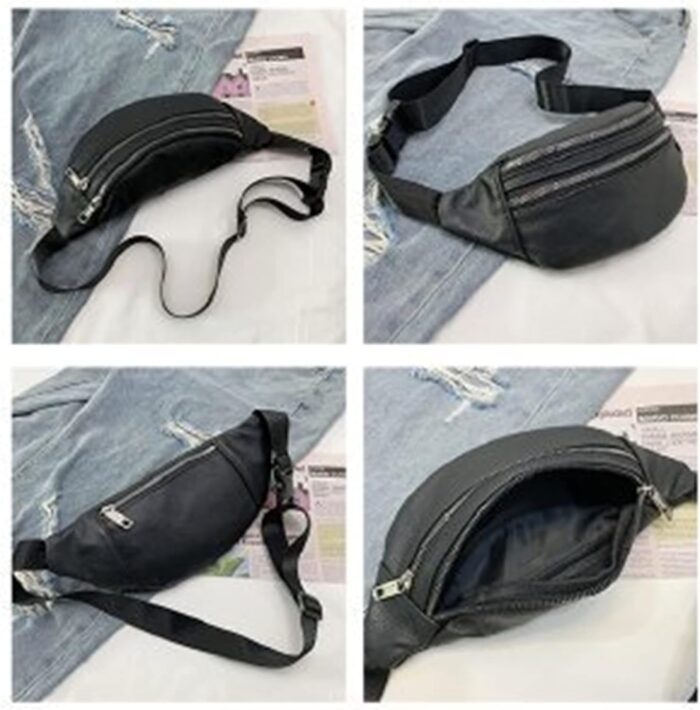 leather Fanny pack, Outdoor travel waist Pack Cowhide Leather Large Size 2 Pockets waist bag.Suitable for outdoor mountaineering, travel, camping, cycling, running, etc.（black-F） - Image 3