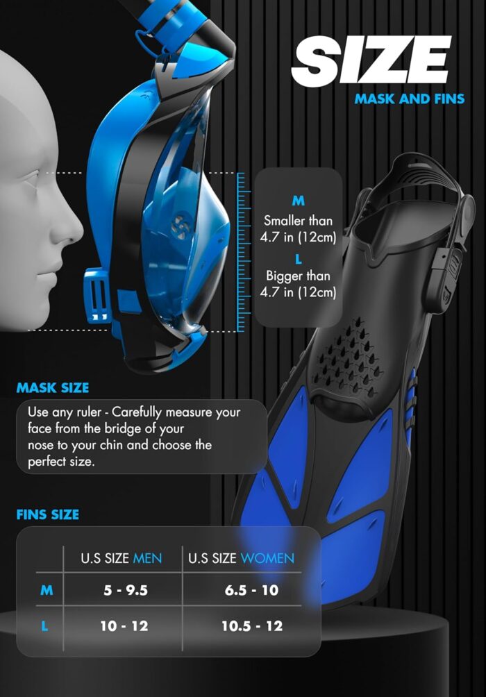 COZIA DESIGN Snorkeling Gear for Adults with Fins - Full Face Snorkel Mask and Swim Fins, 180° Panoramic View Snorkel Mask, Anti Fog and Anti Leak Adult Snorkel Set - Image 3