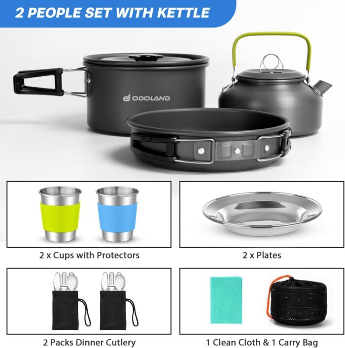 Odoland 15pcs Camping Cookware Mess Kit, Non-Stick Lightweight Pot Pan Kettle Set with Stainless Steel Cups Plates Forks Knives Spoons for Camping, Backpacking, Outdoor Cooking and Picnic - Image 4