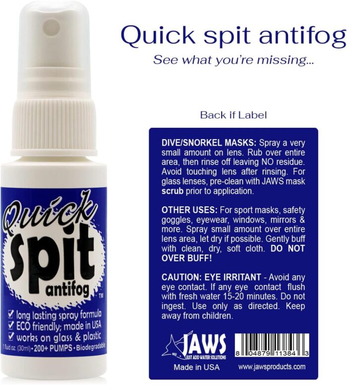 Jaws Quick Spit Anti-Fog Spray for Swim Goggles, Eye Glasses, Snorkel Mask, Scuba Divers, and Safety Eyewear, Made in The USA - Image 5
