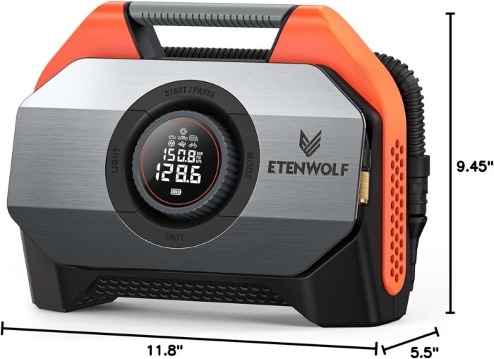 ETENWOLF VORTEX S6 Tire Inflator Portable Air Compressor for Heavy-duty Vehicle, Cordless Air Pump for Car & Inflatables with 19200 mAh Battery, 100% Duty Cycle & Dual Cylinder Bike Pump, Vivid Orange - Image 10