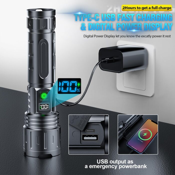 Hoxida Flashlights High Lumens Rechargeable - 2000 Lumens Long Beam Super Bright LED Flash Light with Power Display & IPX5 Waterproof for Camping, 20H Runtime,5 Modes,Zoomable Handheld Flashlight - Image 5