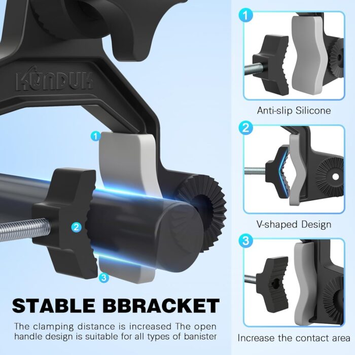 Upgraded Fishing Rod Holder with Button-Lock 360° Dual Rotation, Universal Silicone Strap & Enlarged V-Clamp – Fits Round/Square Tubes, Secure Adjustable Boat Fishing Gear for All Rod Sizes - Image 4