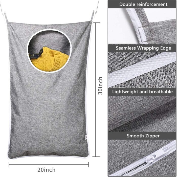 KEEPJOY Hanging Laundry Hamper Bag with Free Adjustable Stainless Steel Door 2 PCs Suction Cup Hooks, Best Choice for Holding Dirty Clothes and Saving Space, Grey - Image 5