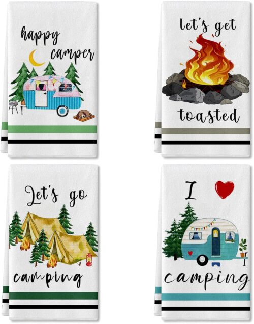 Camping Kitchen Towels Set of 4 Dish Towels Kitchen Hand Towels Kit Printed with Funny Sayings Novelty Gifts for Campers Happy Camper Camping Tent Pine Tree Farmhouse RV Decor Sign Home Decorations