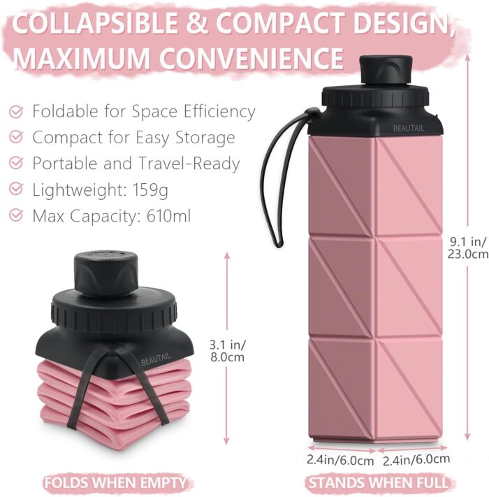 Collapsible Water Bottles 20.6oz, Silicone Foldable Portable Travel Water Bottle, Folding Lightweight Reusable Leakproof for Traveling Camping Hiking Cycling Yoga Sports Outdoor - Image 2