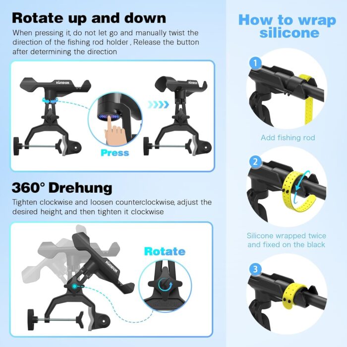 Upgraded Fishing Rod Holder with Button-Lock 360° Dual Rotation, Universal Silicone Strap & Enlarged V-Clamp – Fits Round/Square Tubes, Secure Adjustable Boat Fishing Gear for All Rod Sizes - Image 5