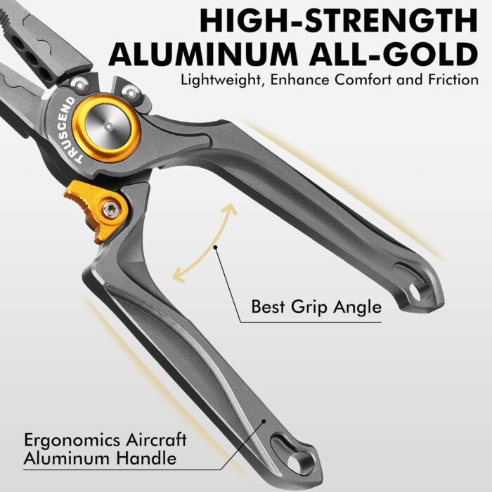 TRUSCEND Lockable Handy Fishing Pliers with Innovative Ergonomical Handle, Corrosion Saltwater Resistant Teflon Coated Fishing Tool, Multi-Function Fishing Gear with Mo-V Cutter, Fishing Gifts for Men - Image 3